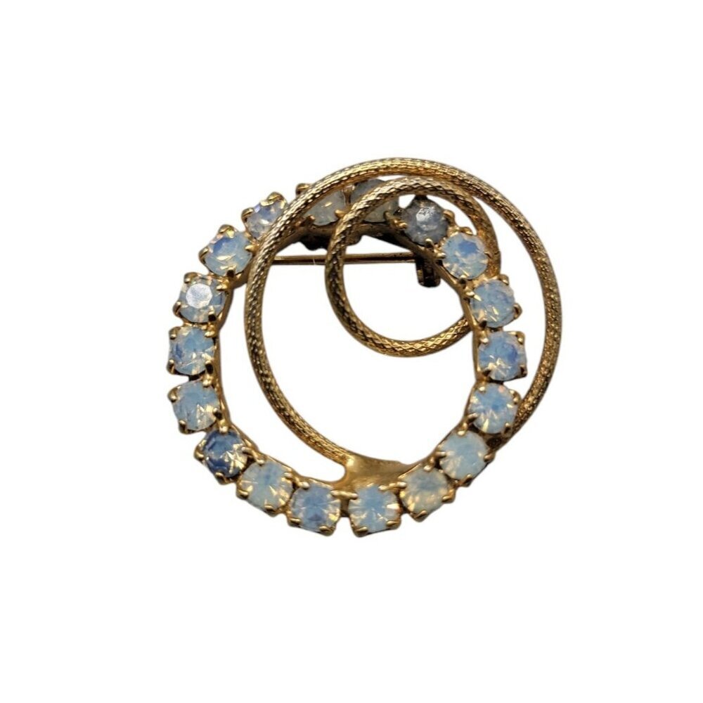 Faux Opal Circle Brooch Gold Tone Interlock Loops Vintage Beautiful Rhinestone